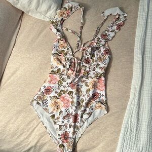 White pink and yellow floral one piece swimsuit size M